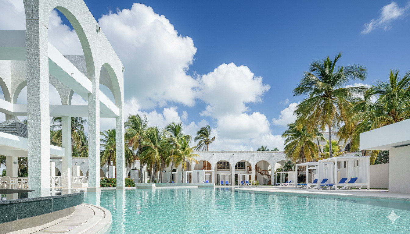 Панорамный вид на территорию отеля Melia Las Americas с бассейном и пальмами